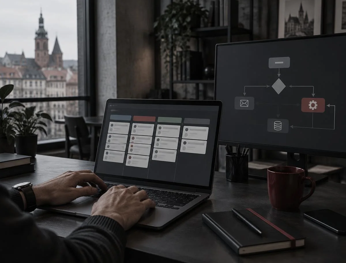 Praca nad CRM na laptopie i schematem automatyzacji na drugim monitorze
